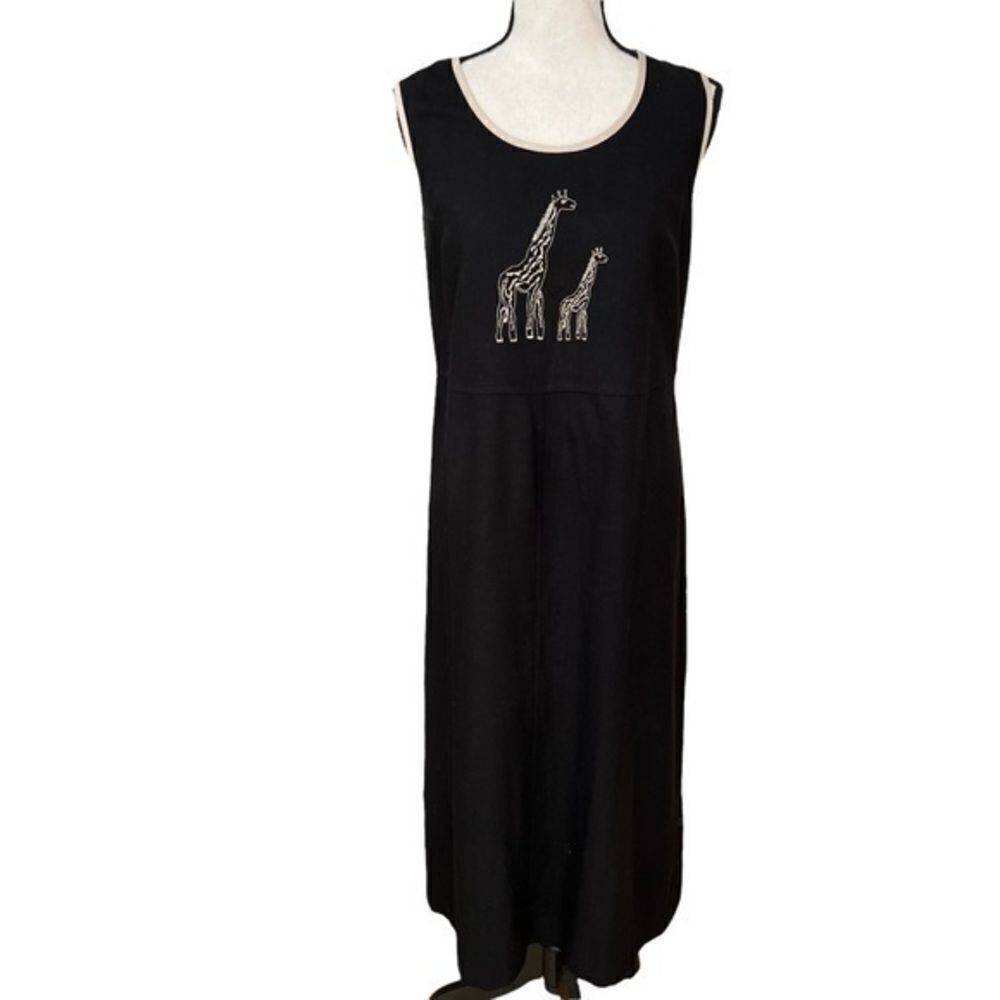 Lily of California vintage hand loomed linen blend balck dress embroidered Sz L